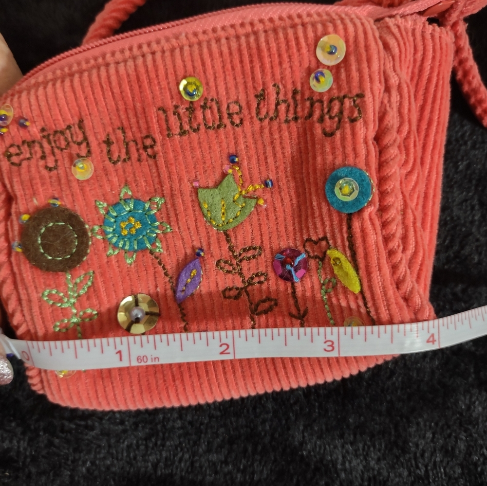 HANDMADE Little Girl's Embroidered & Beaded Coral Corduroy Purse - Picture 10 of 12